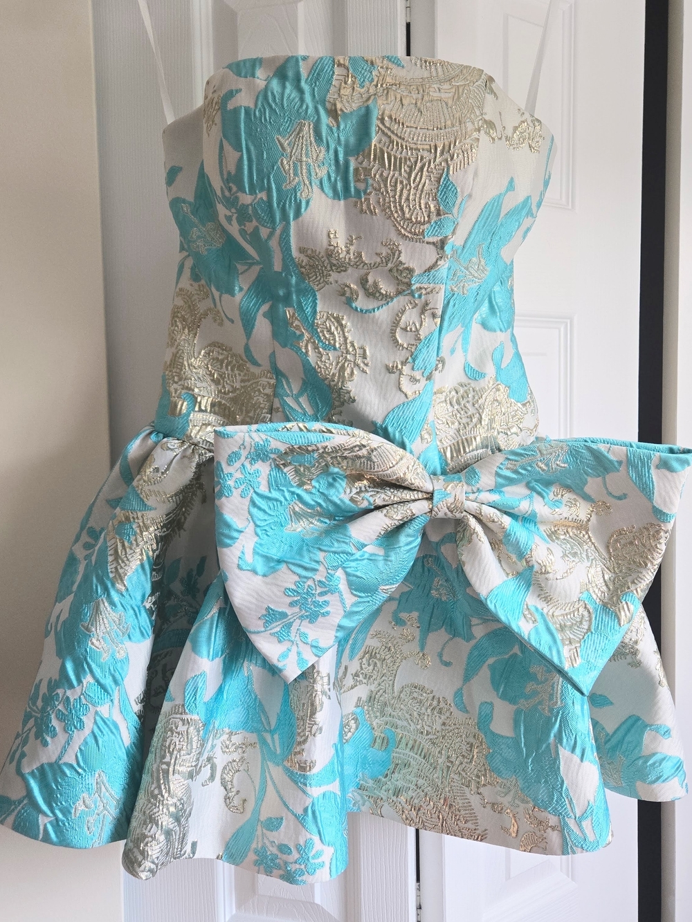 Strapless Turquoise & Gold Floral Fit-and-Flare Girls Dress with Bow